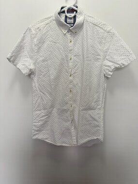 Zara Man Shirt White Polka Dot Short Sleeve Slim Fit Button Down Men's Size L